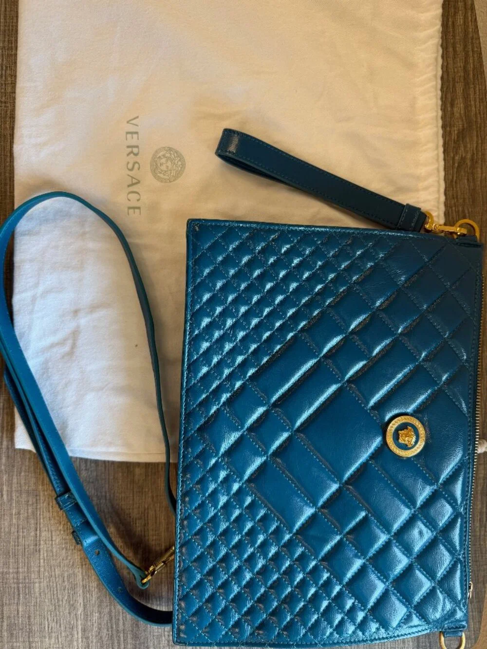 Authentic Versace Quilted Leather Medusa Convertible Clutch/Crossbody